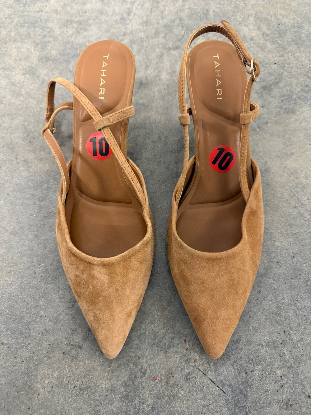 Tahari Tan Suede Pointed Slingback Mules